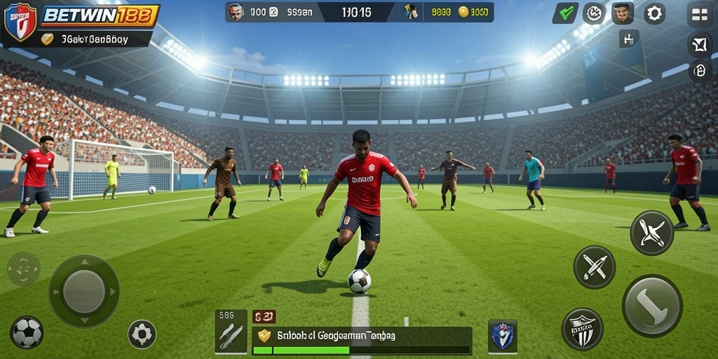 Tangkapan layar gameplay BETWIN188 menampilkan aksi sepak bola yang seru.
