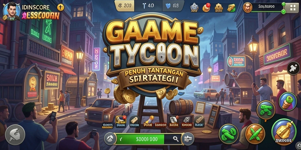 Tampilan gameplay <strong>IDNSCORE</strong> yang menampilkan pengelolaan bisnis Tycoon.