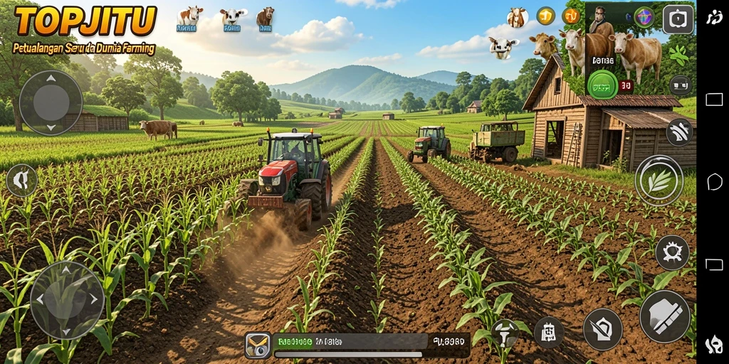 Screenshot gameplay TOPJITU menampilkan ladang subur dengan tanaman berwarna-warni.
